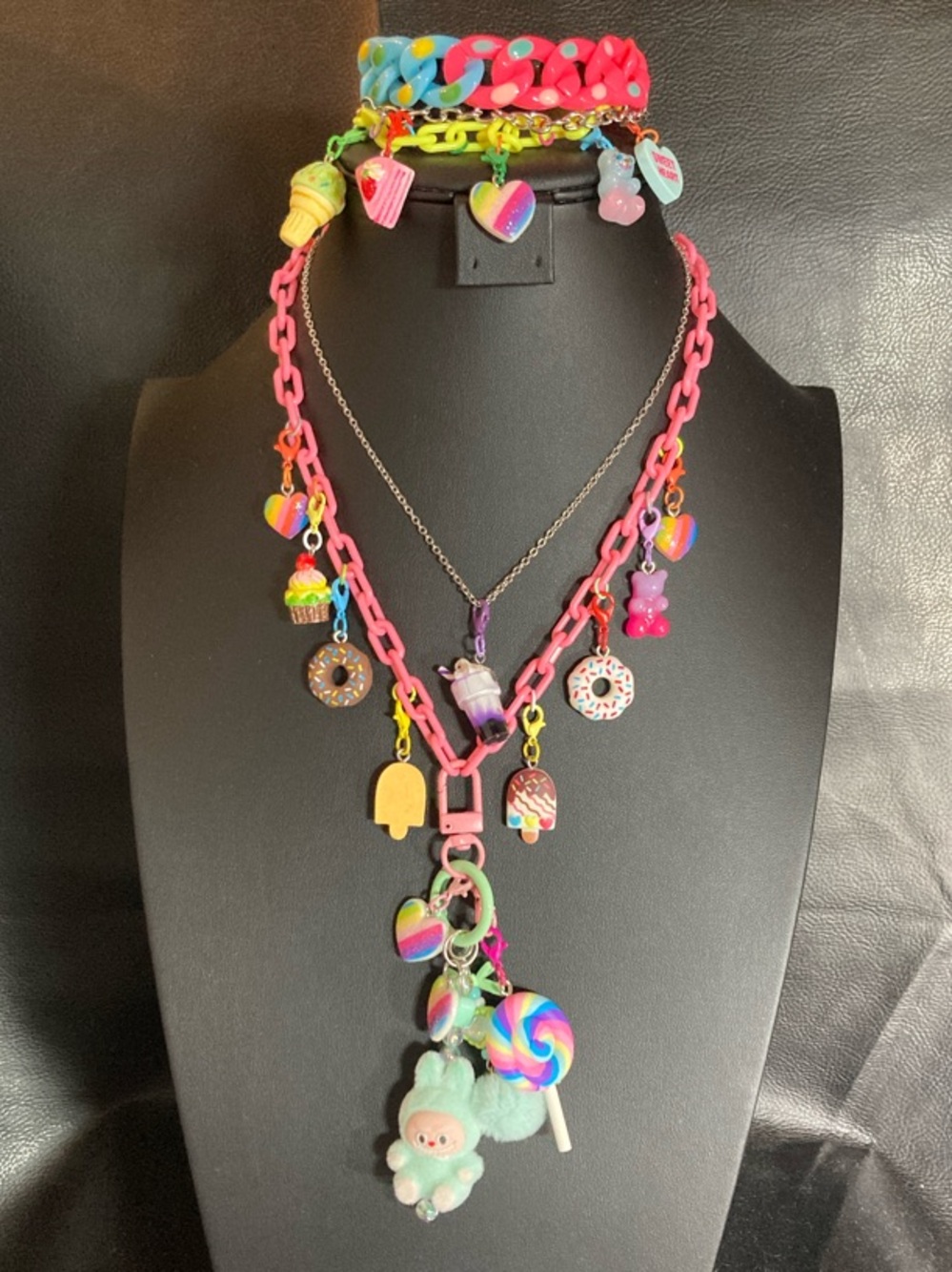 Custom Labubu Candy Charm Necklace & Bracelet Set with Chains Handmade OOAK